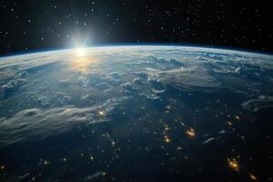 Sunrise over Earth with city lights and clouds. photo