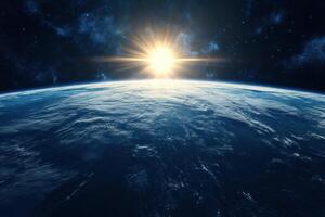 Sunrise over Earth from space, with a bright sun and stars visible in the dark sky. photo