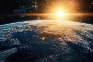 Sunrise over Earth from space with lens flare. photo