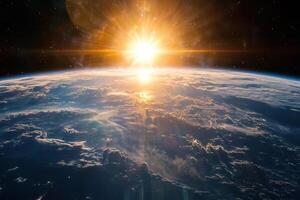 Sunrise over Earth from space with clouds and sun rays. photo