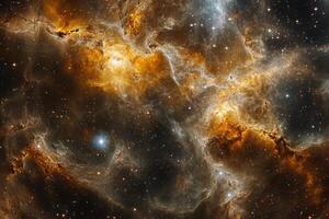 A vibrant nebula with swirling gas and dust clouds in space. photo