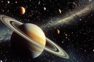 Saturn, the ringed planet, is seen in this illustration against a backdrop of stars and the Milky Way. photo