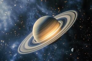 Saturn, the ringed planet, against a starry background. photo