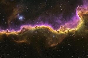 A vibrant nebula with a golden and purple hue, illuminated by distant stars, stretches across the deep dark space. photo