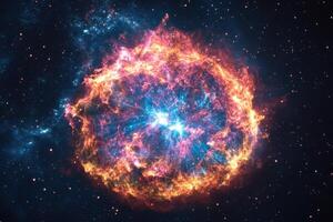 A vibrant nebula with a glowing center surrounded by stars. photo