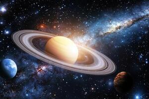 Saturn, a gas giant planet with a prominent ring system, in a vast starry field. photo