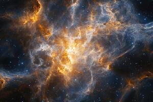 A vibrant nebula with swirling clouds of gas and dust in shades of orange and blue, dotted with sparkling stars against a dark background. photo