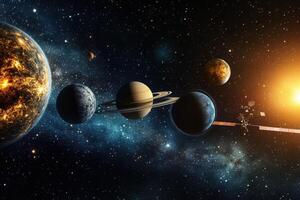 Planets, stars, and a spacecraft in a distant galaxy. photo