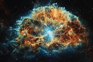 A vibrant nebula with swirling gas and dust clouds in the cosmos. photo