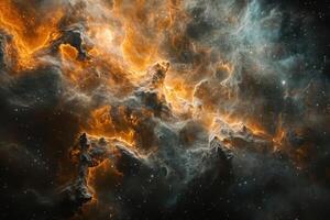 A vibrant nebula with bright orange and blue gas clouds and scattered stars. photo