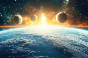 Sunrise over a distant planet with three moons in a colorful nebula. photo