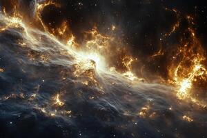 A vibrant nebula with swirling gas and dust, creating a cosmic landscape. photo