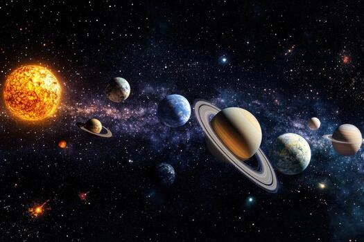 Solar System Planets in Space with Milky Way. photo