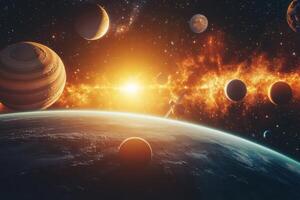 Spacecraft orbits a planet with multiple moons in a nebula. photo