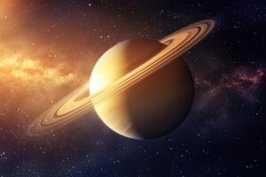 Saturn with its iconic rings in a vast cosmic landscape. photo