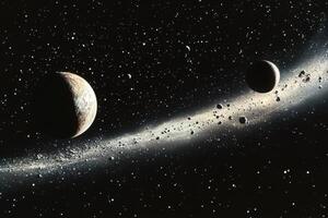 Two planets and asteroid belt in deep space. photo