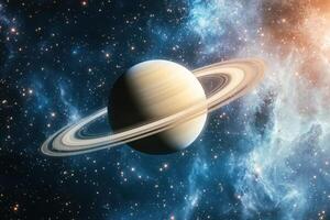 Saturn, the ringed planet, in a starry nebula. photo