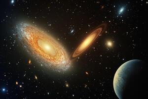 Two spiral galaxies interact with each other, with a blue planet in the foreground. photo