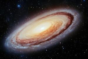 Spiral galaxy with bright core and dust lanes in space. photo