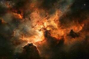 A vibrant nebula, a swirling mix of orange, red, and yellow hues, with scattered stars against a dark backdrop. photo