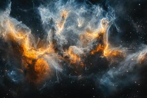 A vibrant nebula with swirling clouds of gas and dust, illuminated by starlight. photo