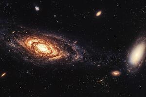 Two spiral galaxies in a dark, starry sky. photo