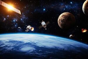 Spacecraft orbit Earth with planets and stars in background. photo