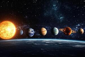 Planets of our solar system with a fiery sun and nebula in the background. photo