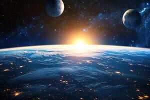 Sunrise over Earth with two moons in the distance. photo
