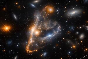 A vibrant nebula with bright stars and galaxies in the background. photo