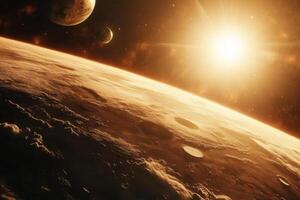 Sunrise over an alien planet with two moons in the distance. photo