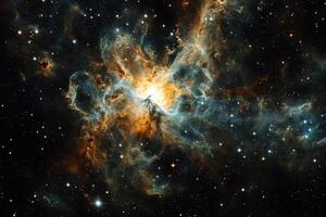 A vibrant nebula with bright stars and swirling gas clouds. photo