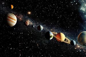 Planets of our solar system aligned in a row against a starry background. photo