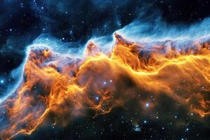 A vibrant nebula with blue and orange gas clouds. photo