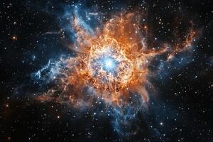 A vibrant nebula with a bright star in the center, surrounded by swirling gas and dust. photo
