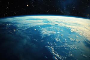 Stunning view of Earth from space with swirling clouds and a starry sky. photo