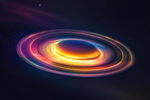 Vibrant and colorful planet with glowing rings against a dark space background. photo