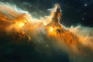 A vibrant nebula with swirling clouds of gas and dust in a deep space background. photo