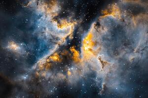A vibrant nebula with swirling clouds of gas and dust, illuminated by distant stars. photo