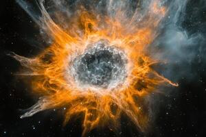 A vibrant, fiery nebula glows in the vast darkness of space. photo