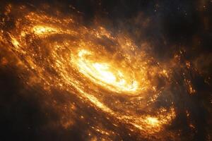 A vibrant, glowing spiral galaxy in deep space, swirling with bright orange and yellow gas. photo