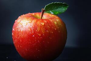 A single, red apple with water droplets and a leaf on a black background. photo