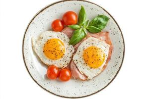 Two fried eggs with ham and cherry tomatoes on a white plate. photo