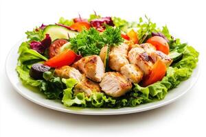 Grilled chicken salad with fresh vegetables. photo