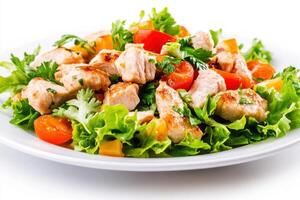 A fresh salad with grilled chicken, cherry tomatoes and leafy greens. photo