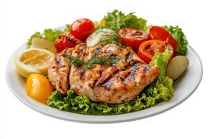 Grilled chicken breast with vegetables on a white plate. photo