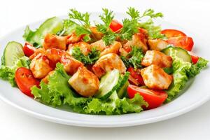 A plate of chicken salad with tomatoes, cucumbers, and lettuce. photo