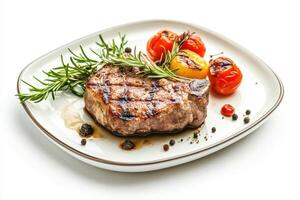 Grilled pork chop with rosemary and cherry tomatoes on a white plate. photo