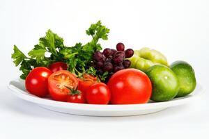 A white plate with red tomatoes, green peppers, red grapes, and parsley. photo