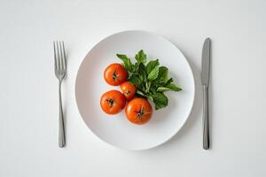 Three red tomatoes and green leaves on white plate with fork and knife. photo